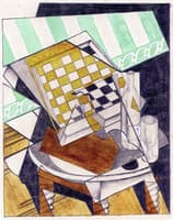 Checkerboard, Bottle and Glass on a Table