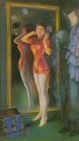 Actress in red before mirror