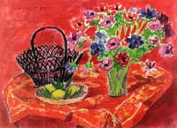 Vase of Anemones, Lemons and Basket on a Table