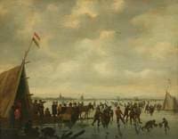 Skating Scene with a Tent and Numerous Figures on a Wide River