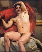 A Male Model, Seated; Red Cushion Background