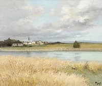 River landscape with a village in the distance