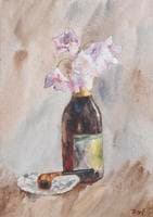 Sweet peas in a bottle, a pipe resting beside