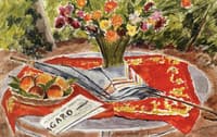 Table with Vase of Flowers, Peaches, Figaro and an Umbrella